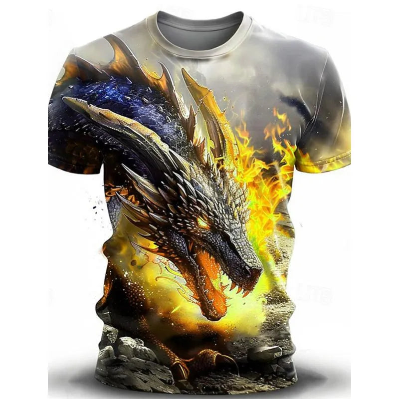 Men's grey T-shirt with a large, detailed 3D blue and white wind dragon print across the chest.