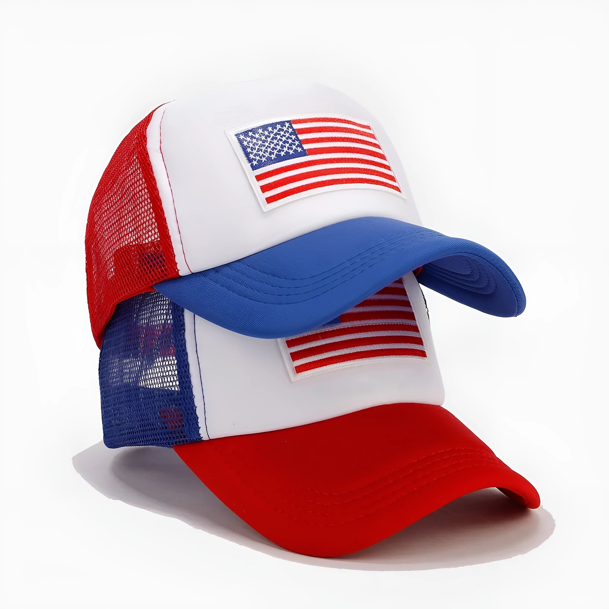 Red and blue mesh baseball cap with adjustable strap and dome crown design