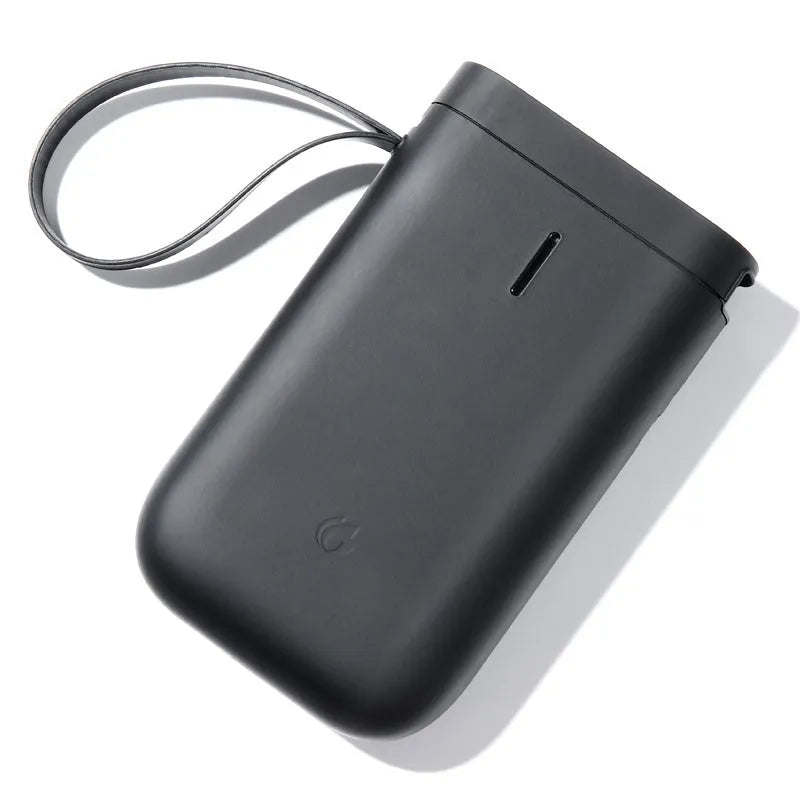 Compact D11 Bluetooth label printer in various colours, showing phone app interface and printed labels.