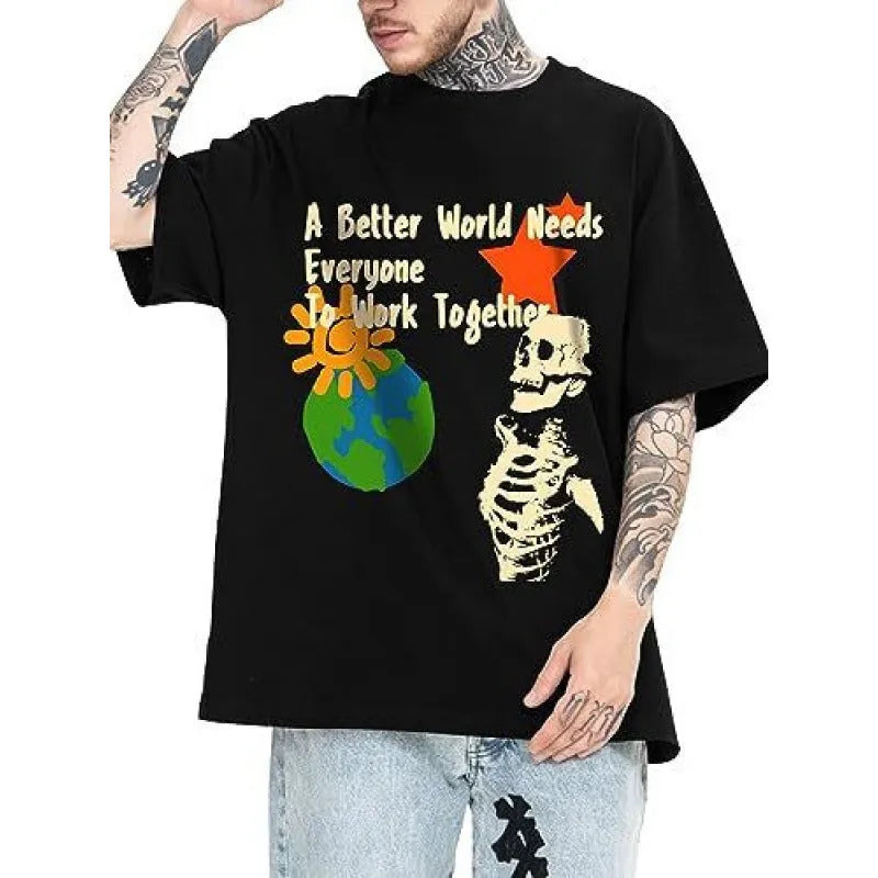 Men's short-sleeved printed street t-shirt on a hanger, showing digital print pattern on polyester fabric.