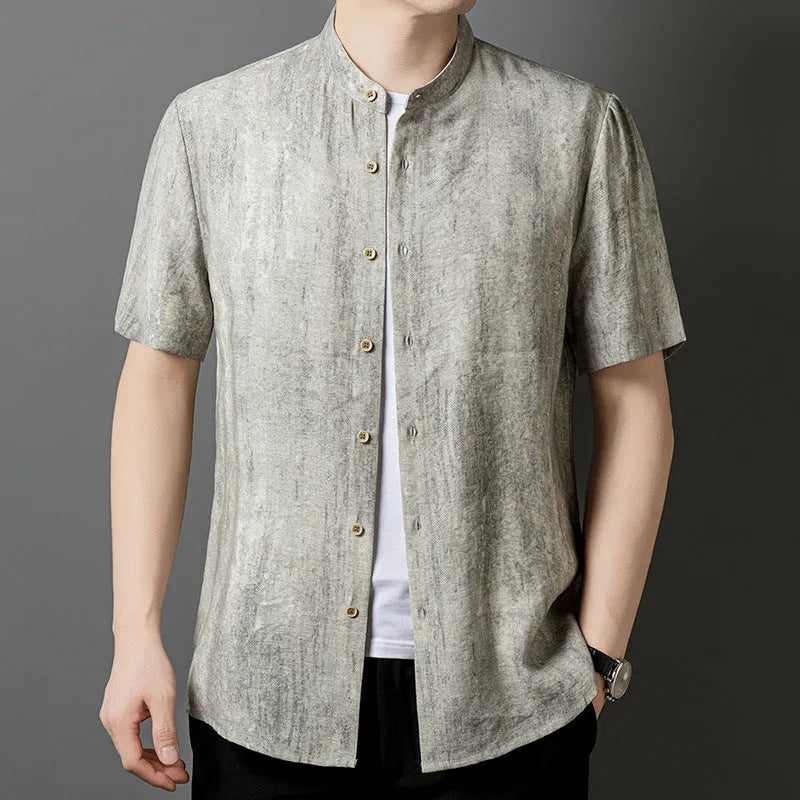 Men's loose linen shirt with stand collar in thin viscose blend fabric