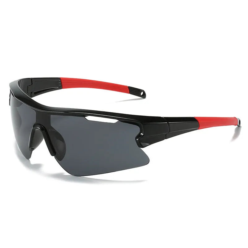 Windproof sports sunglasses with interchangeable lenses shown in black frame and grey lens option.