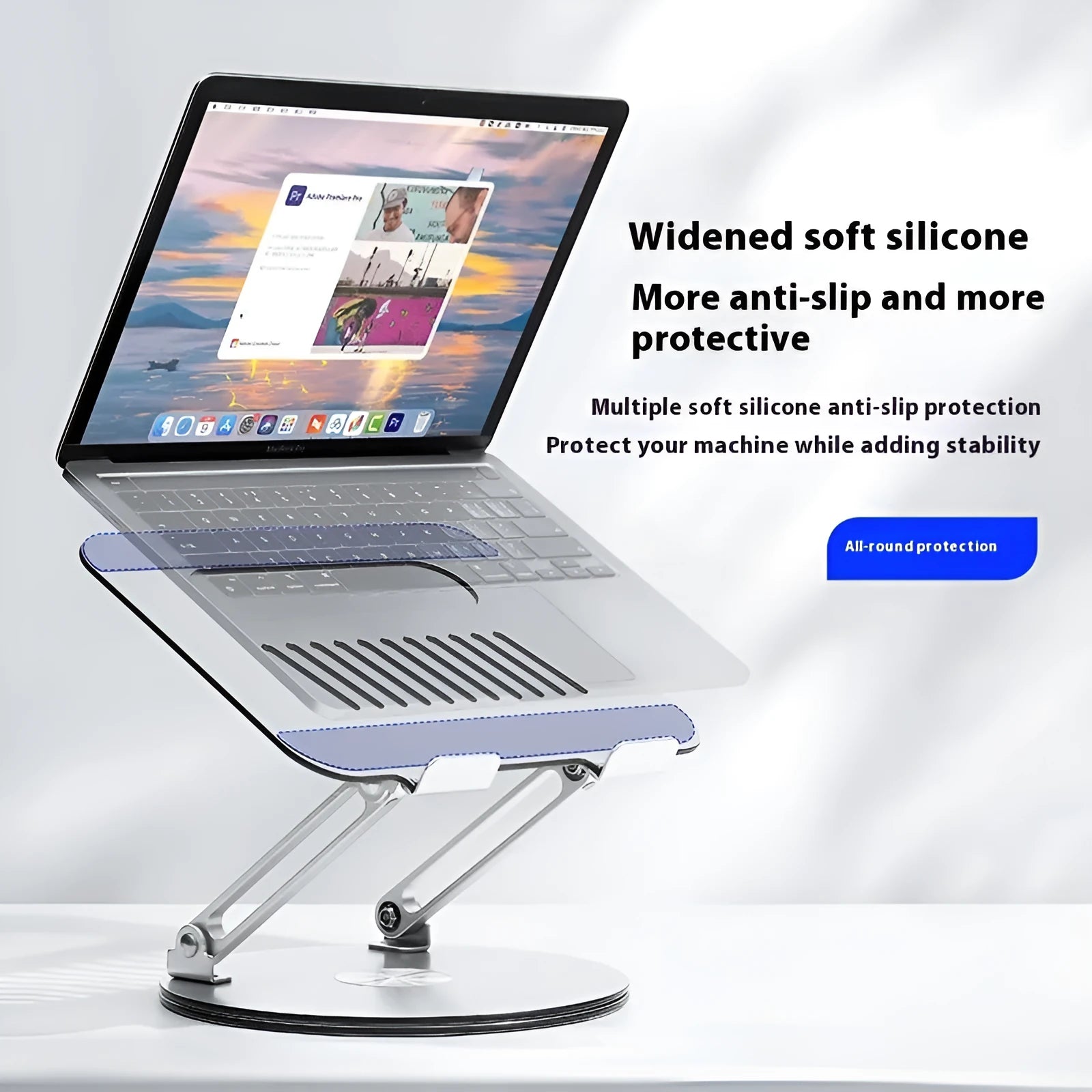 Silver aluminium laptop stand with height adjustment and rotatable design