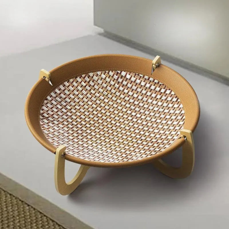 Brown woven rattan cat hammock with square 46cm base and raised sleeping platform