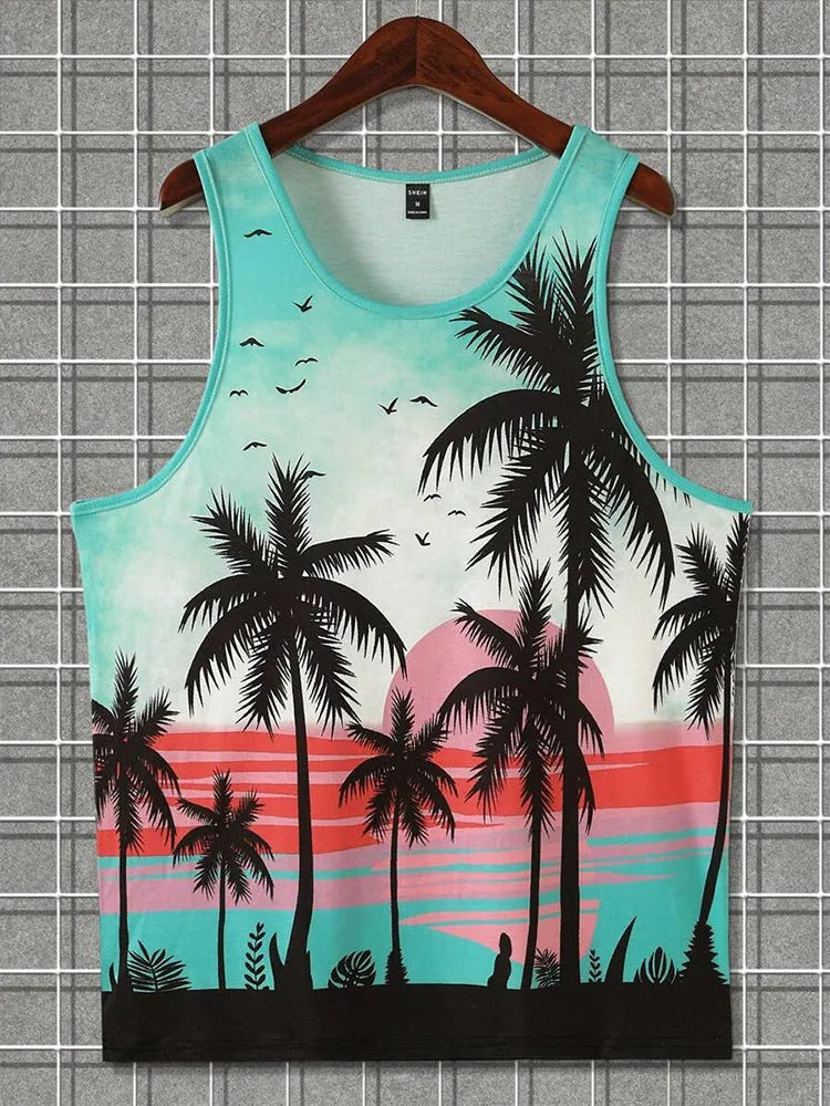 Man wearing a solid colour 3D printed Hawaiian style sleeveless vest t-shirt for casual leisure wear.