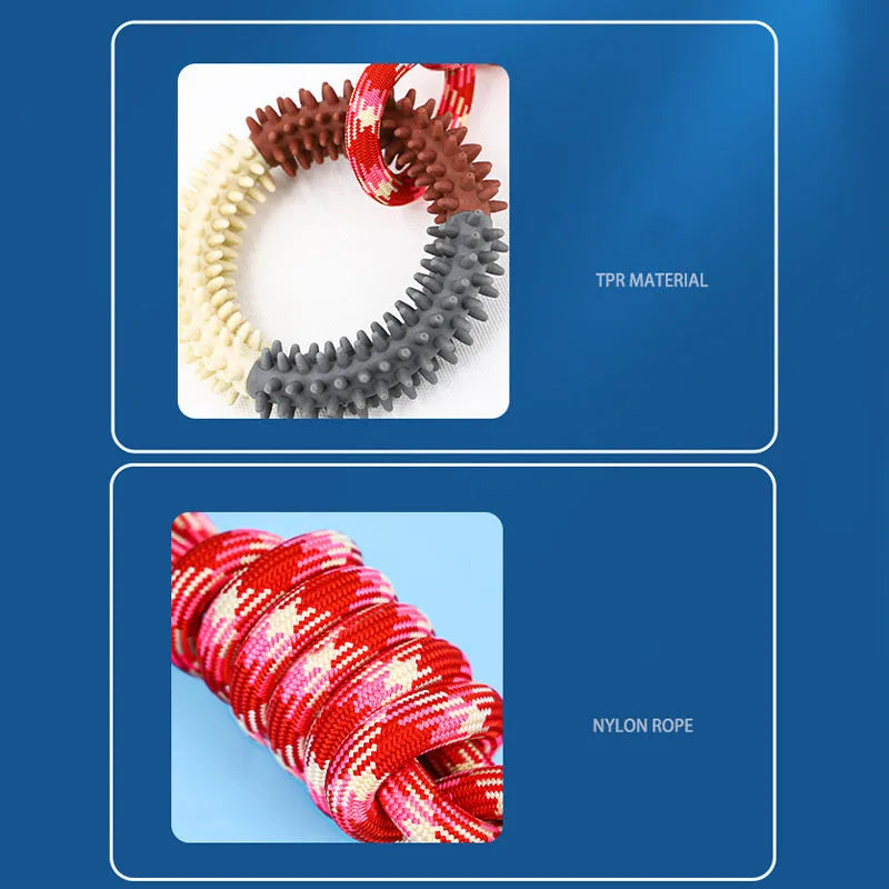 Colourful blue, red, and rose red braided rope dog chew and tug toy, 43 cm long.
