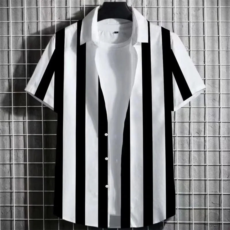 Men's striped linen short sleeve T-shirt with a 3D printed pattern in a solid colour.