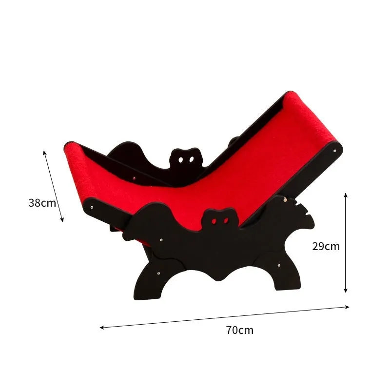 Black and red wooden cat recliner lounge chair with cage structure, model MW-054.