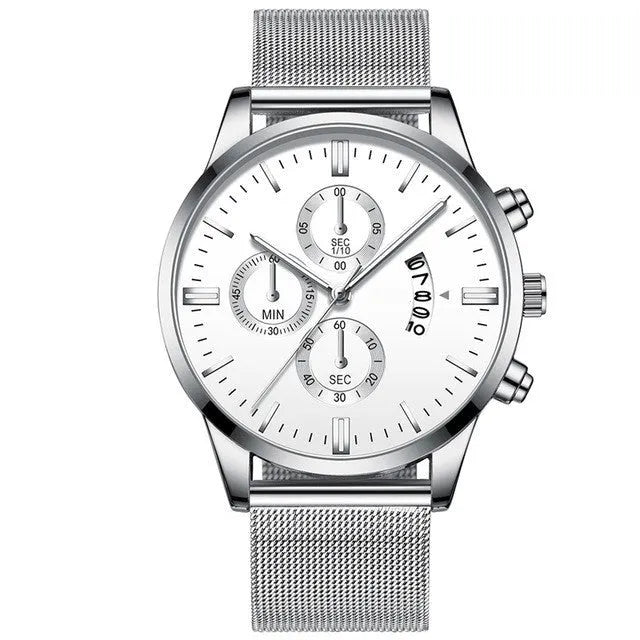 Men's stainless steel mesh band quartz watch with analog display in multiple colour options