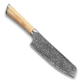 Damascus kitchen knife set with multiple blade sizes and V gold steel core on a kitchen counter.