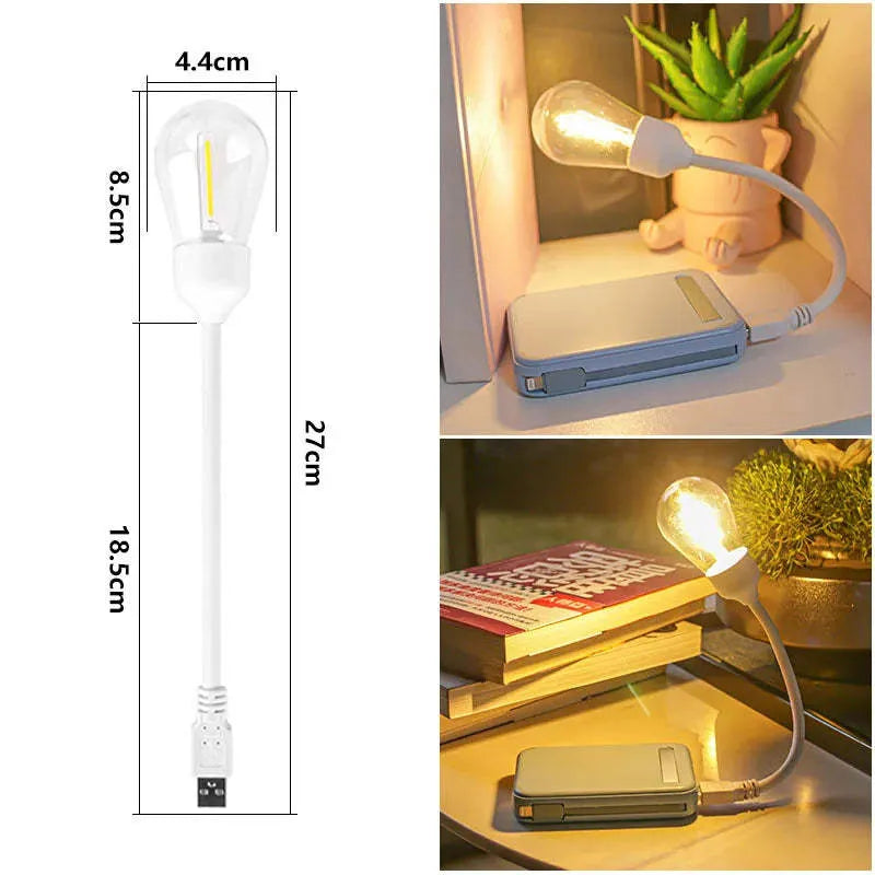 USB rechargeable folding night light with tungsten LED bulb in folded and unfolded positions