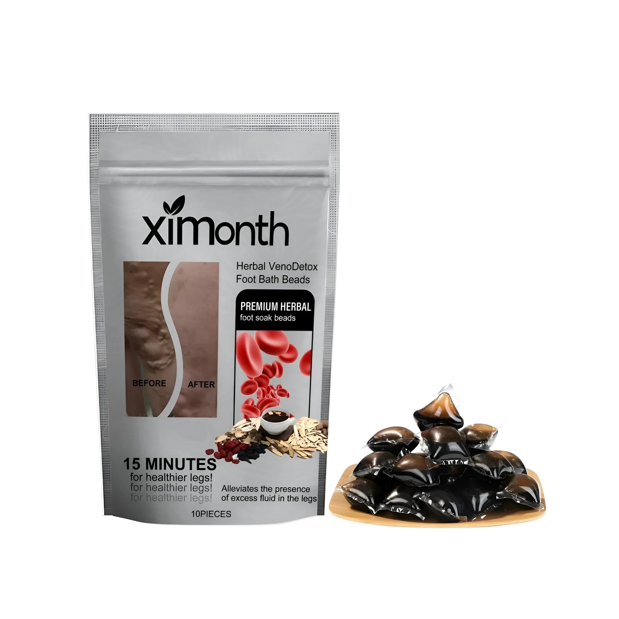 Pack of ten concentrated herbal foot soaking gel beads on a white background.