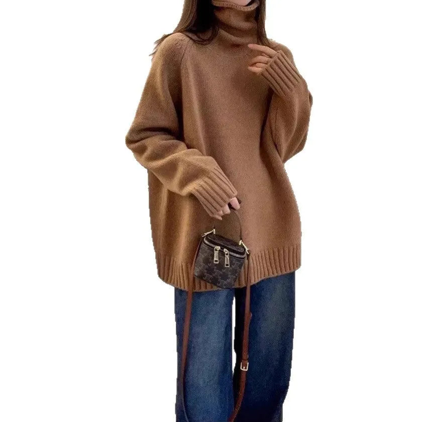 Women's loose thick turtleneck sweater with a textured 3D curling collar in a red solid colour.