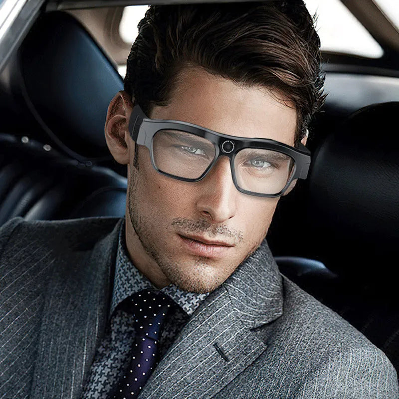 Black smart Bluetooth glasses with integrated camera for video recording