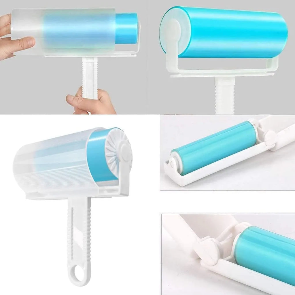 Washable reusable lint roller for pet hair removal in blue, green, pink, or yellow with cover.