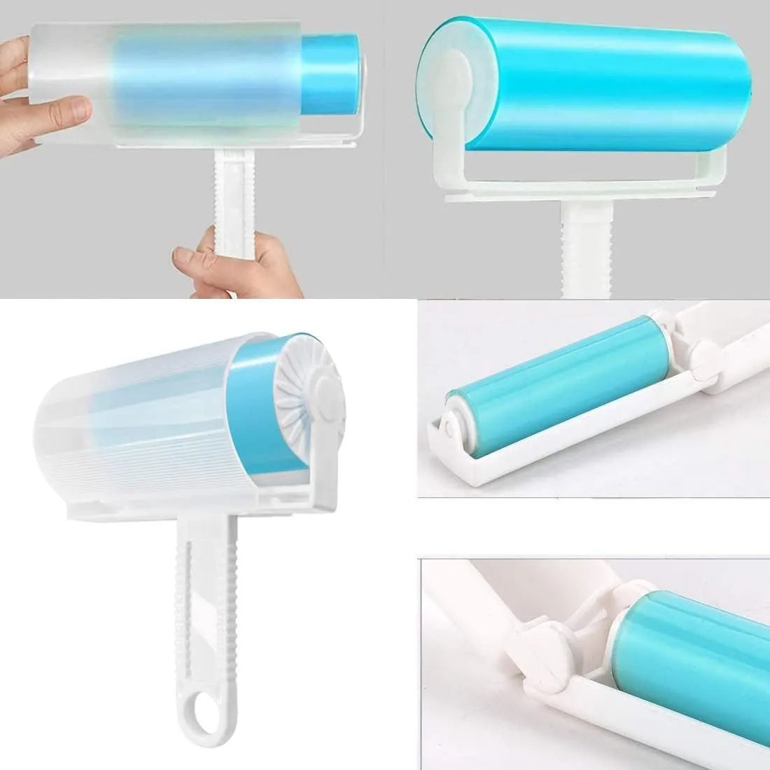 Washable reusable lint roller for pet hair removal in blue, green, pink, or yellow with cover.