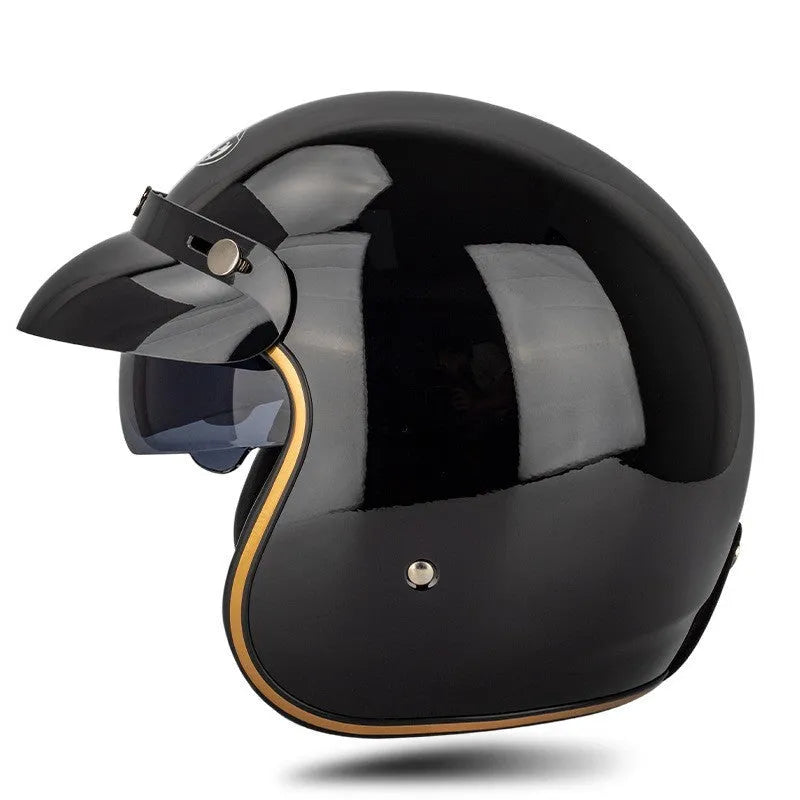 Retro style half helmet for motorcycle riding shown in multiple colour options on a grey background