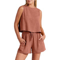 Women's sleeveless top and drawstring shorts summer two-piece set in rayon-linen blend fabric