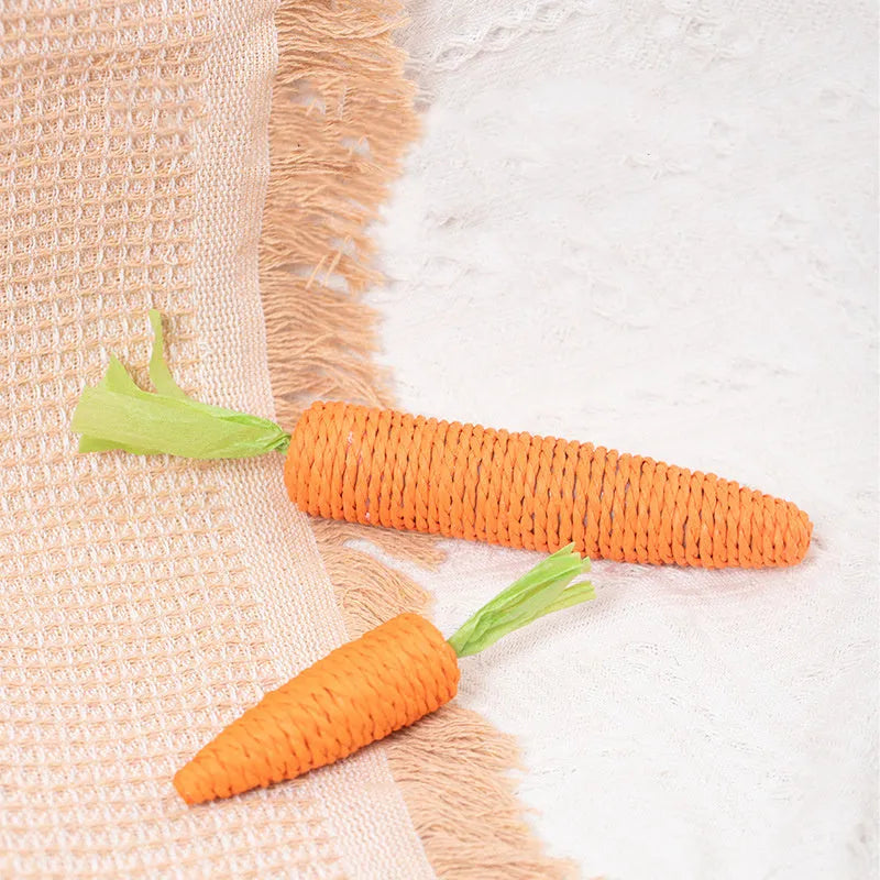 Interactive cat toys set showing carrot bites paper toys, ringing stones, cat sticks, and dental grinding sticks