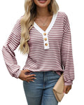 Women's V-neck patchwork pullover top in polyester fabric with loose fit