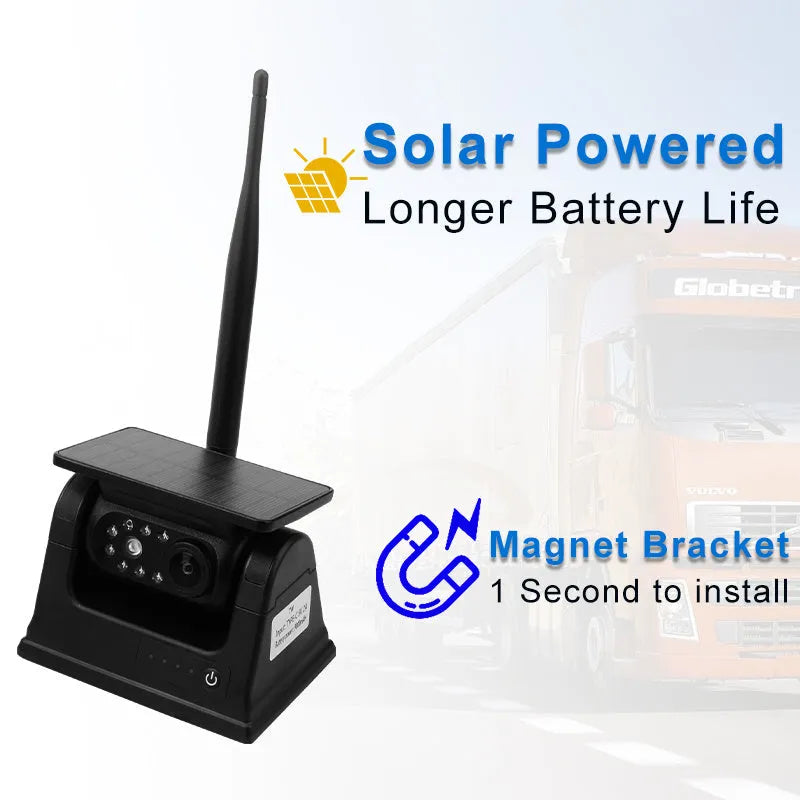 Solar wireless charging camera with aluminium alloy shell and magnet suction base for vehicle mounting.