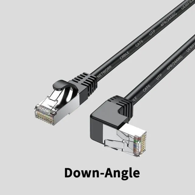 Cat6 Ethernet cable with angled RJ45 connectors in various colours and lengths on a grey background