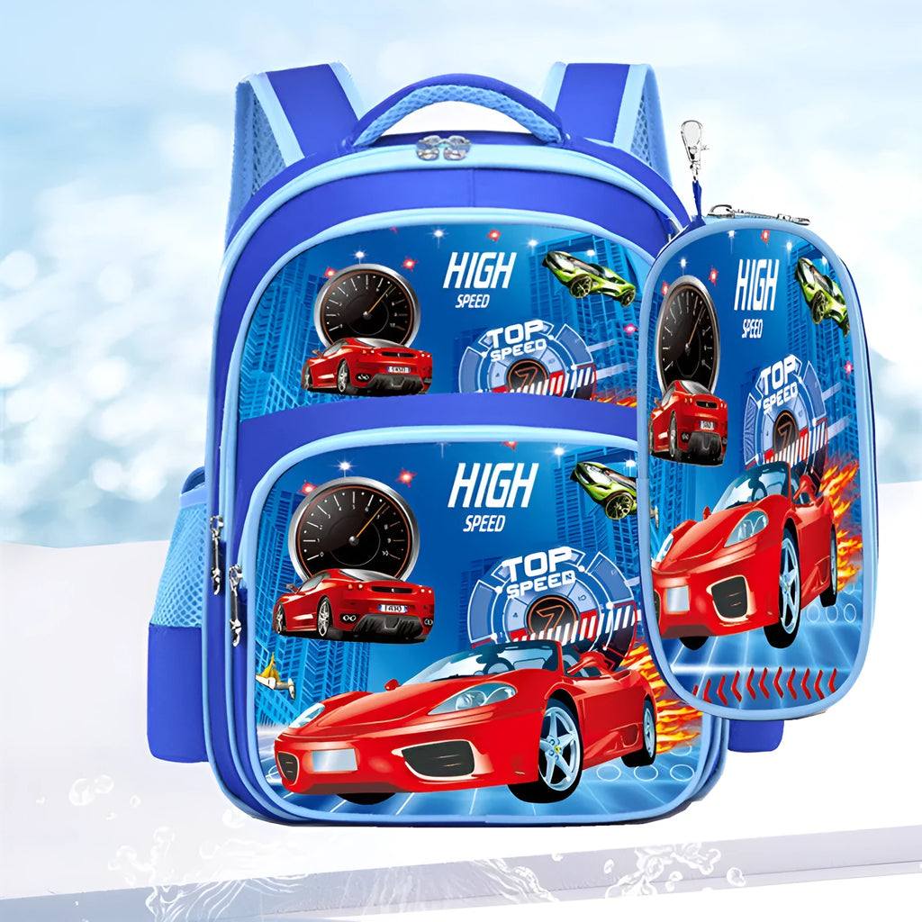 Children's sapphire blue backpack with anime cartoon prints showing dimensions and included pencil case