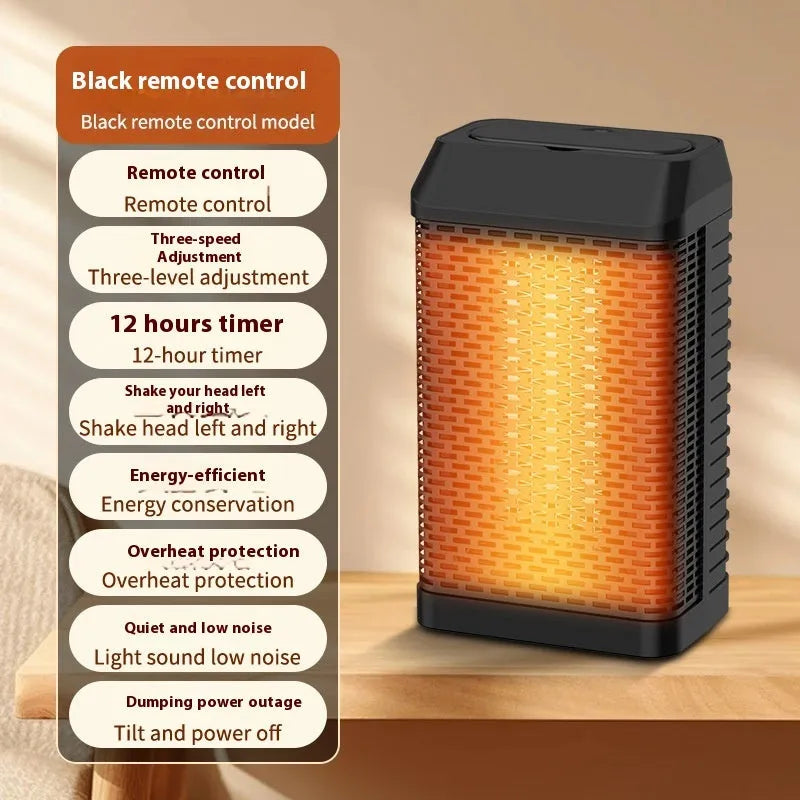 Black desktop smart heater with remote control showing dimensions 14.5x10x26cm