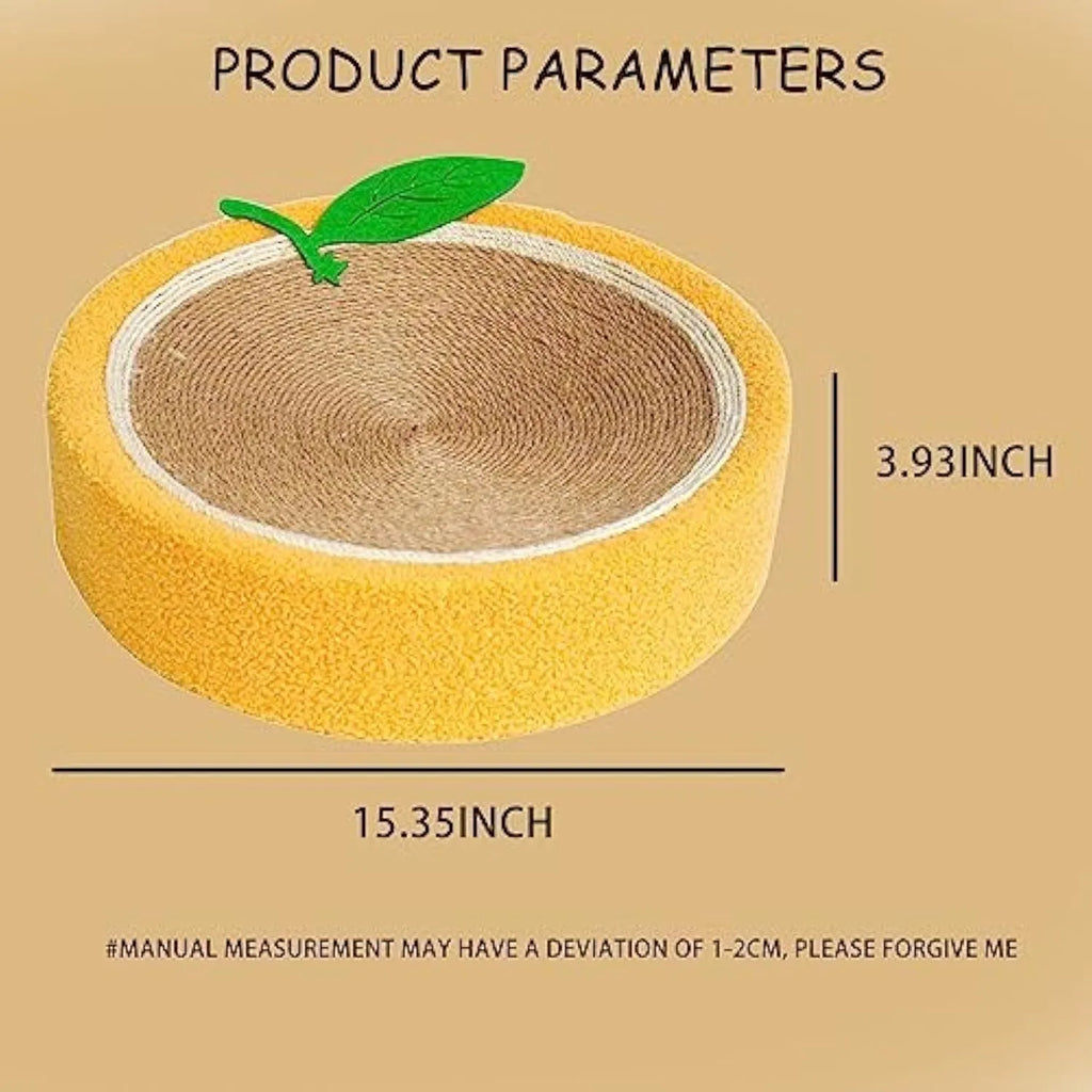 Round yellow fruit-shaped cat scratching board with sisal surface and concave sleep centre