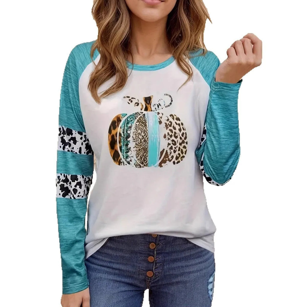 Sky blue long sleeve t-shirt with a detailed 3D printed Halloween pumpkin design on the front.