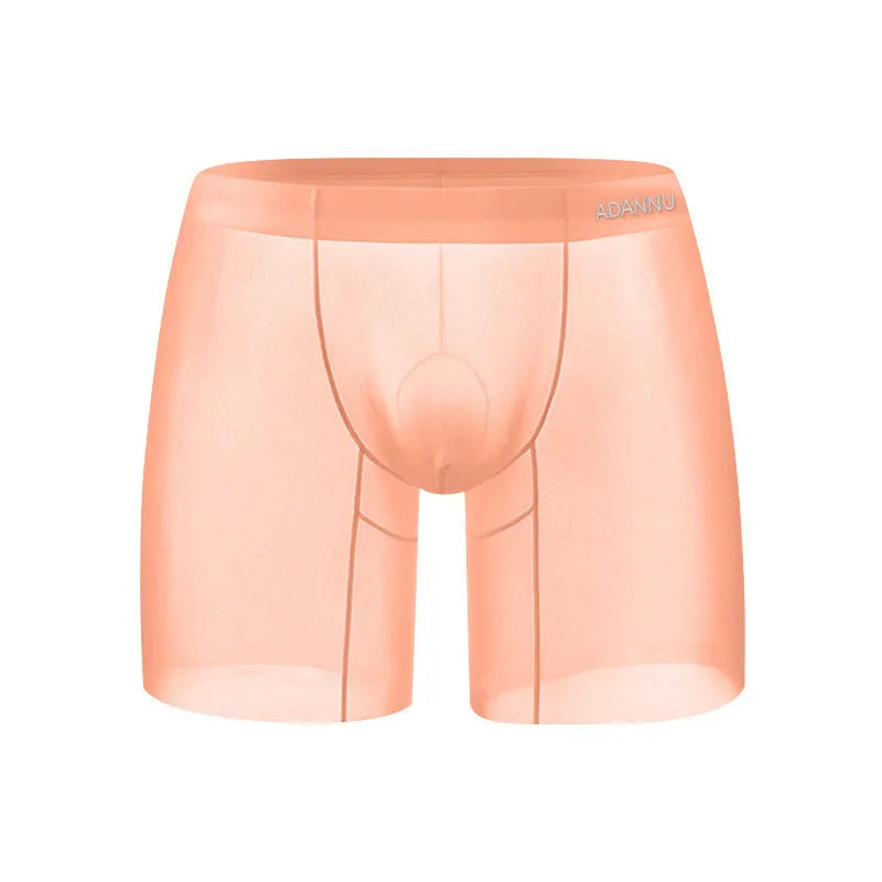 Men's low waist boxer shorts in solid orange, pink, or red ice silk nylon fabric.