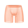 Men's low waist boxer shorts in solid orange, pink, or red ice silk nylon fabric.