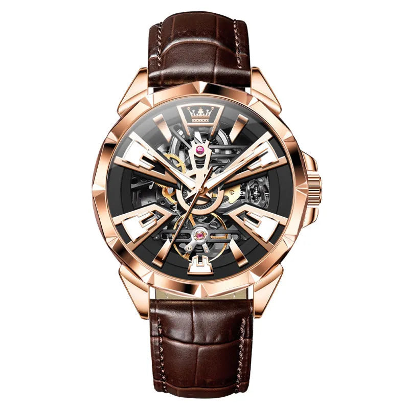 Men's automatic mechanical watch with hollow design showing movement through transparent case back