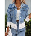 Blue lace stitching denim jacket for women with long sleeves and cotton composition