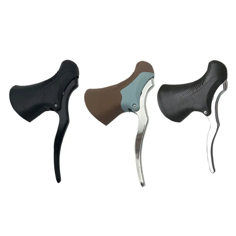 A pair of aluminium alloy road bicycle brake handles in black, showing the lever shape and clamp for handlebars