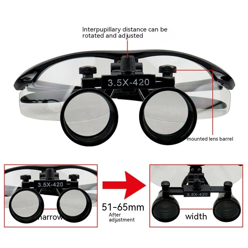 Black dental magnifying glasses with LED headlight showing 3.5X magnification and adjustable head strap