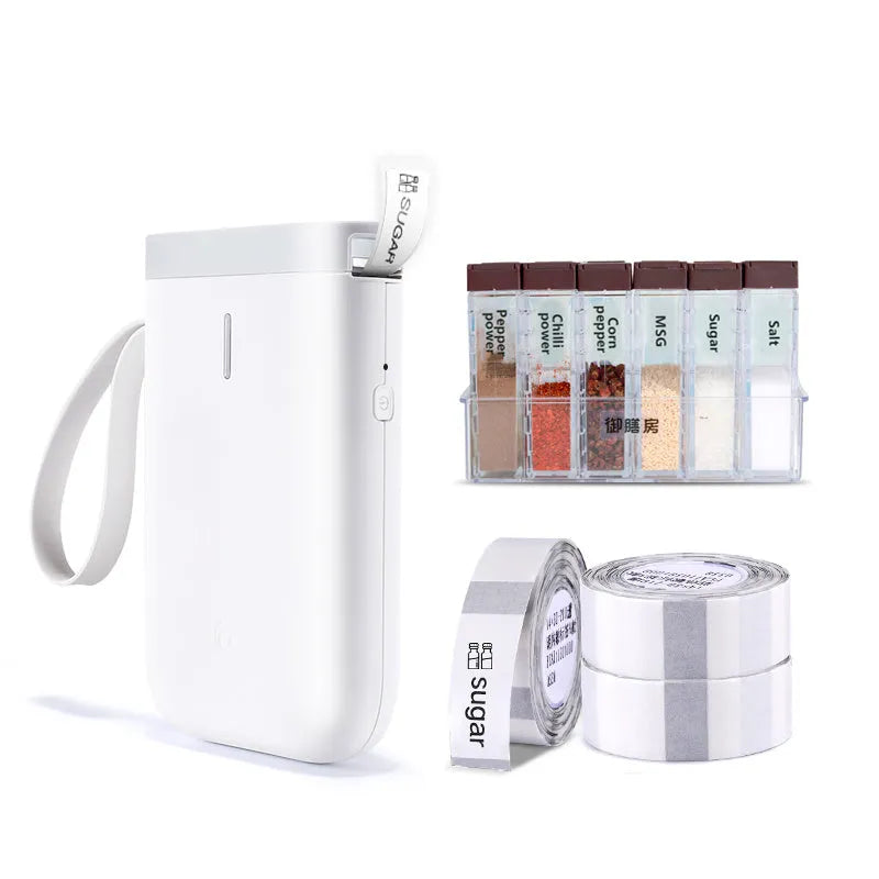 Compact D11 Bluetooth label printer in various colours, showing phone app interface and printed labels.