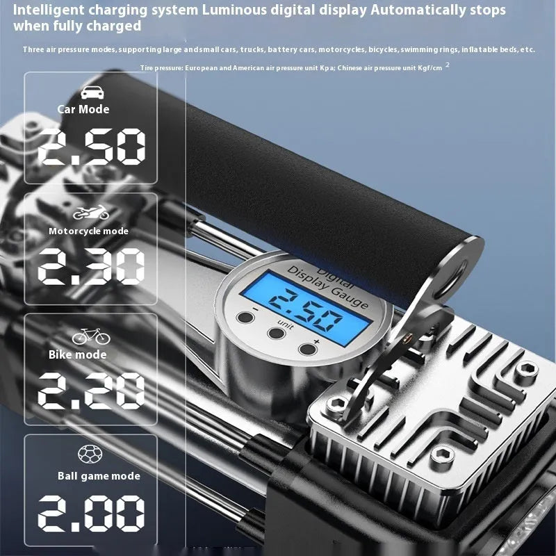 High-power portable car inflator with double cylinder digital display, battery clip, and air nozzle on black background