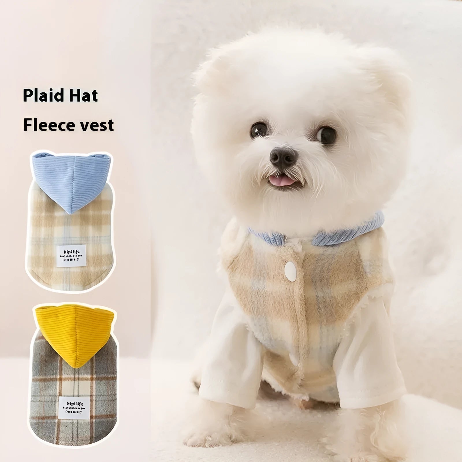 Blue corduroy dog hooded vest with chessboard grid pattern and reflective strips