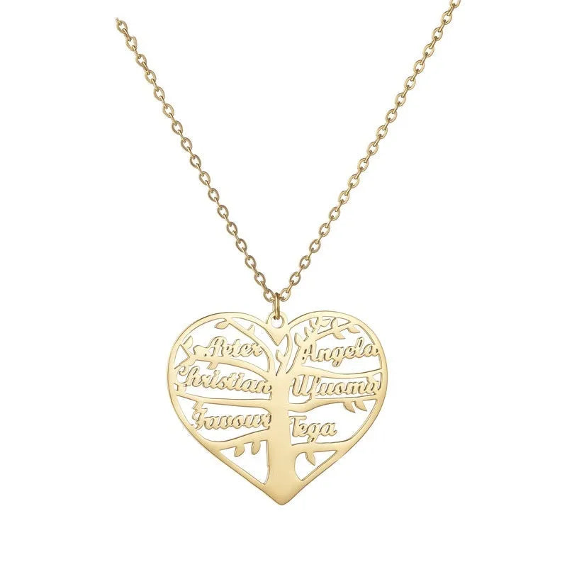 Personalised stainless steel necklace with a custom name heart pendant and lucky tree charm on an adjustable chain.