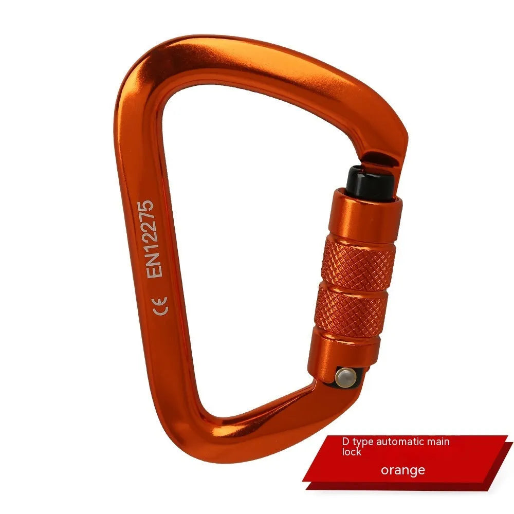 D-shaped steel climbing carabiner main lock shown in multiple colour options including orange, blue, and red.