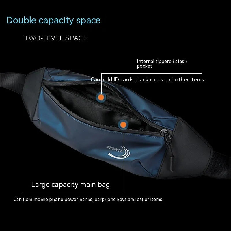 Men's waterproof waist bag in Oxford polyester with adjustable belt showing black, blue, and grey colour options