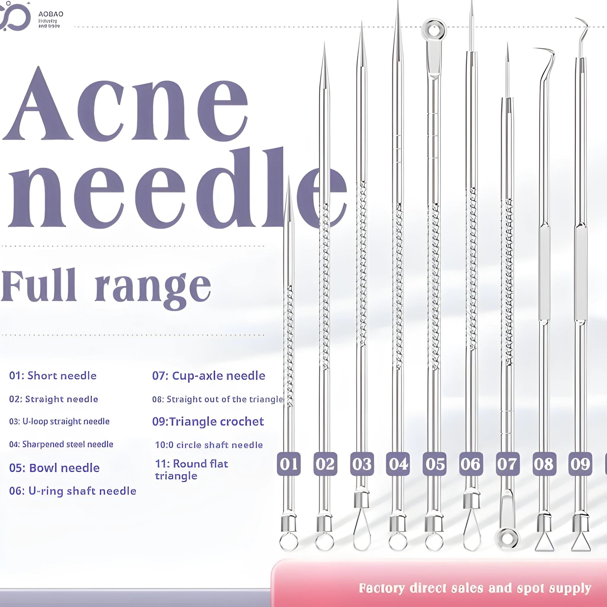 Four ultra-fine pointed metal acne needles for professional skin extraction, laid out on a surface.