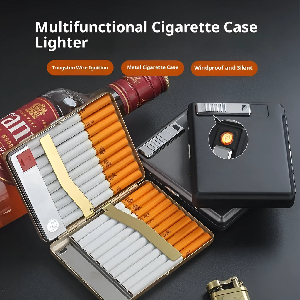 Classic flip charging metal cigarette case lighter with built-in windproof lighter, available in black, gold, and gray.