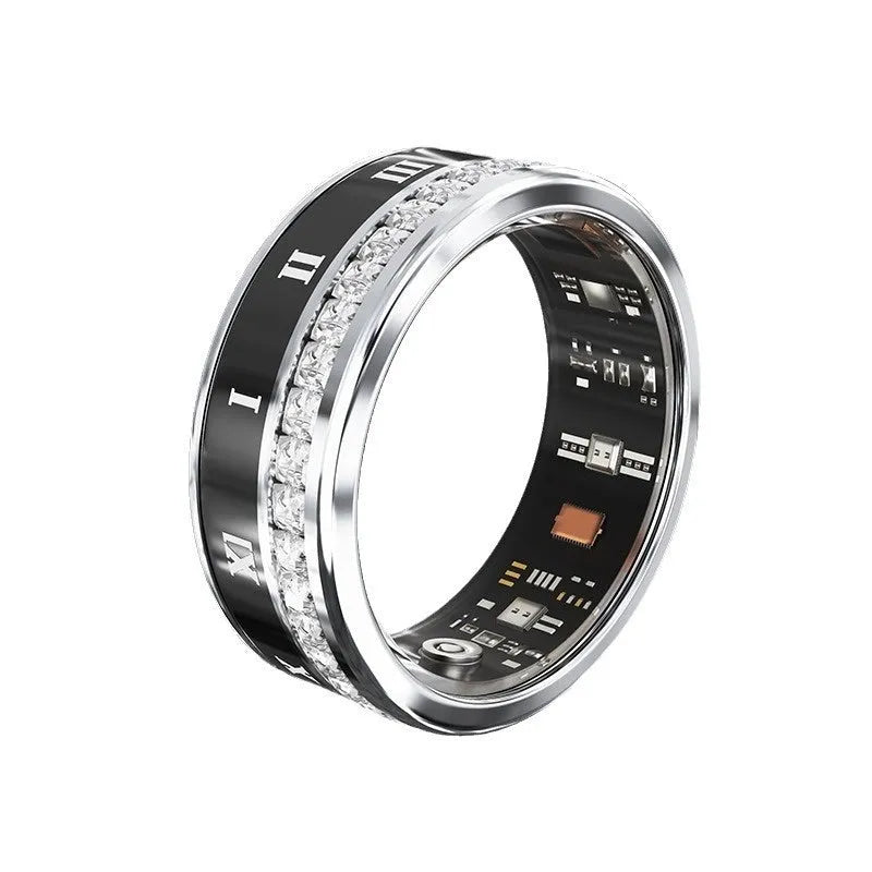 Diamond inlaid smart ring in silver and gold colours showing health monitoring technology integrated into jewellery design