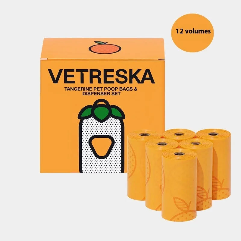 Dog waste bag dispenser capsule with a roll of scented bags in strawberry, orange, or cherry blossom design.