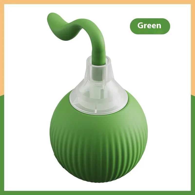 Interactive electronic cat toy ball with coloured lights on grey, green, and red backgrounds.