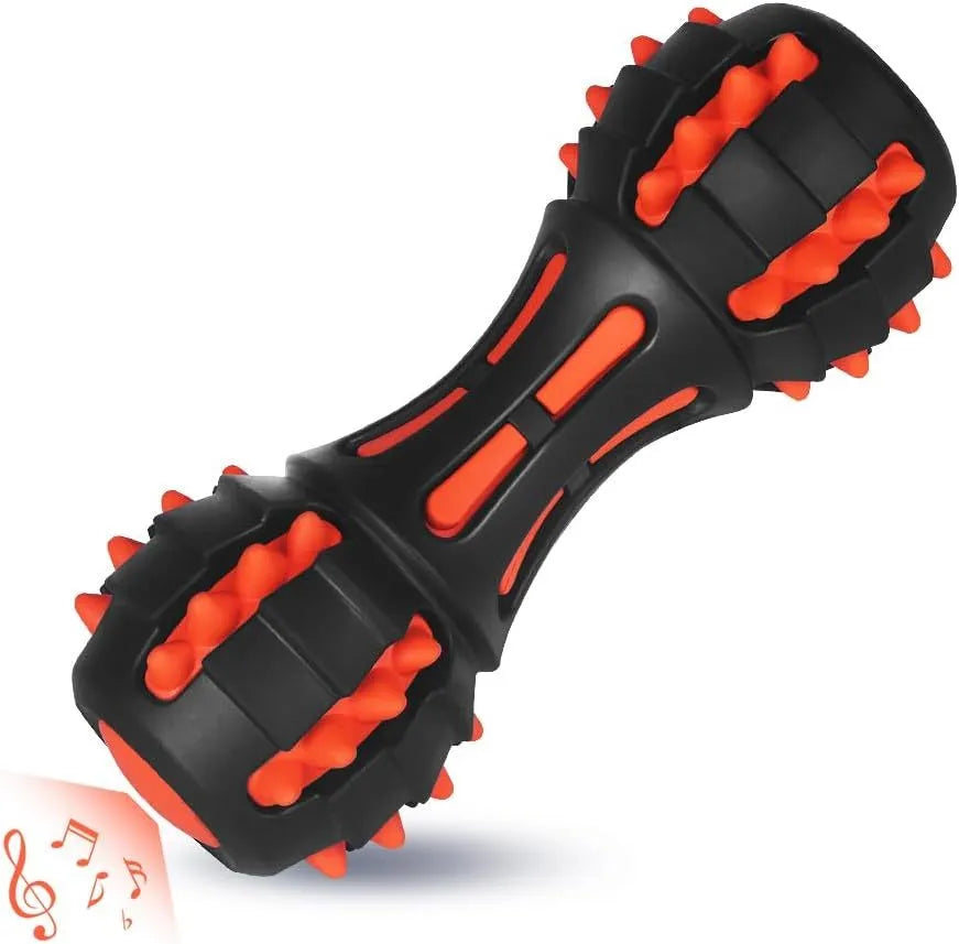 Red rubber dumbbell-shaped dog chew toy with double-layer construction for aggressive chewers