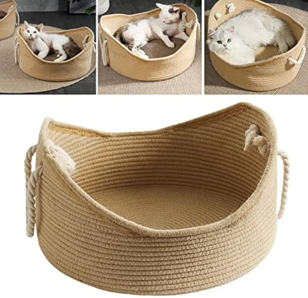 A square wicker cat bed basket with an integrated corrugated cardboard scratching panel on one side.