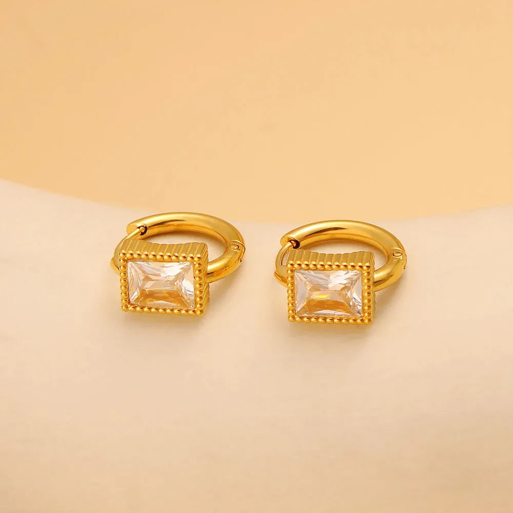 Square zircon geometric earrings in stainless steel with round ring elements